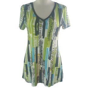 Jean Vincent Women sz S Tunic Shirt Flowy Green blue w/ graphics Made in Canada